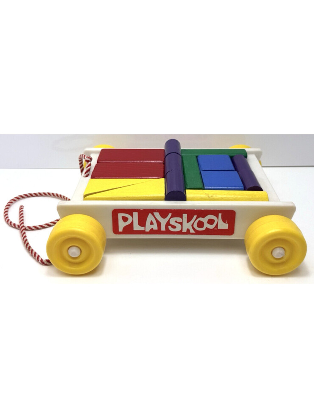 Vtg Playskool Wagon 1985 Wooden Colored Blocks Puzzle Retro Pull Toy